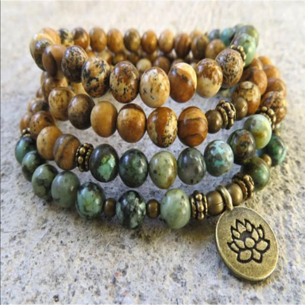 African turquoise and picture jasper Mala bracelet 6mm - Picture 6 of 6
